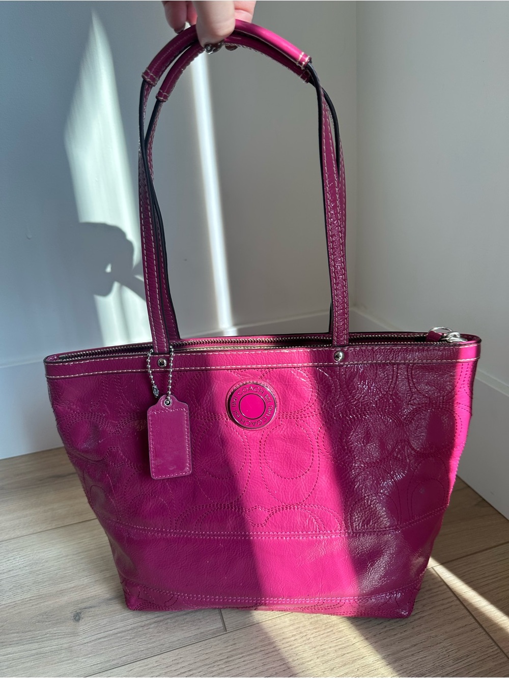 Coach F19198 Hot Pink Patent Leather Signature Tote Y2K